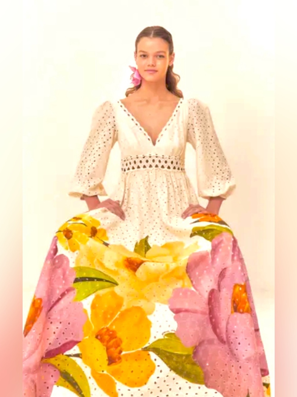 Farm Rio / FARM Chita Bella Eyelet Midi Dress NWT Large Floral Puff Sleeve - Picture 1 of 7